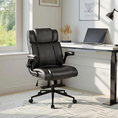 Executive Office Chair with Flip-Up Armrests, PU Leather Ergonomic Computer Desk Chair for Home Office, Computer Chair with Lumbar Support, Thick Seat Cushion & Adjustable Height