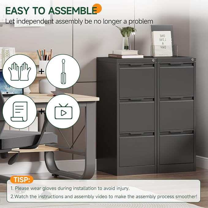 3 Drawer File Cabinet with Lock, Filing Cabinets for Home Office | Lockable File Cabinet, Metal File Cabinet, Heavy Duty File Storage Cabinet for Letter/Legal/A4/F4 Size, Assembly Require