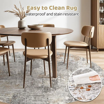 8ft Round Rug Living Room Rugs: 8x8 Washable Circle Large Abstract Modern Soft Stain Resistant Non-Slip Indoor Floor Carpet for Bedroom Nursery Office Dining Room Playroom Home House- Gray Rust