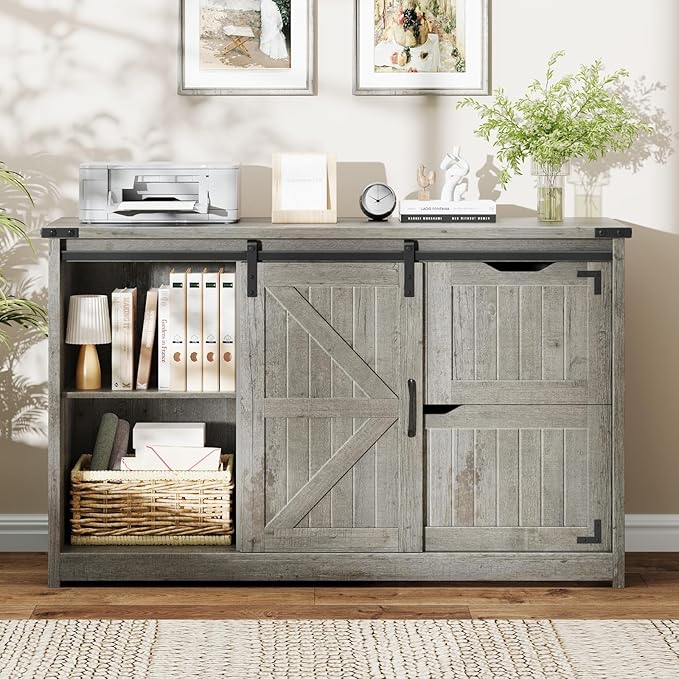 Halitaa 47.8” Farmhouse Lateral File Cabinet with Sliding Barn Door, 3 Drawers Filing Storage Cabinets with Adjustable Shelf, Office Printer Stand for Hanging Files Letter/Legal/A4/F4.Grey