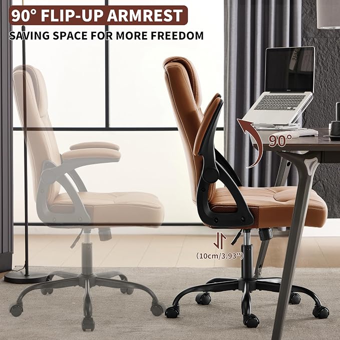 Executive Office Chair, Ergonomic PU Leather Computer Chairs, Executive Breathable Desk Chair with Padded Flip-Up Arms, 360° Swivel Rolling Chair Comfy Padded for Working Studying Gaming (Brown)