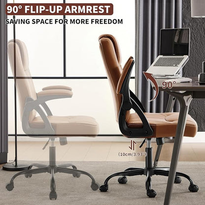 Executive Office Chair, Ergonomic PU Leather Computer Chairs, Executive Breathable Desk Chair with Padded Flip-Up Arms, 360° Swivel Rolling Chair Comfy Padded for Working Studying Gaming (Brown)