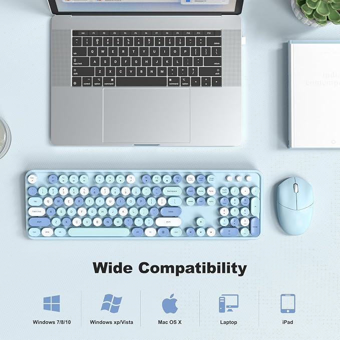 Wireless Keyboard and Mouse Combo, 2.4GHz Retro Full-Size Typewriter Keyboard with Number Pad and Wireless Mouse for PC/Laptop/Desktop/Windows (Pale Blue)