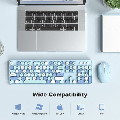 Wireless Keyboard and Mouse Combo, 2.4GHz Retro Full-Size Typewriter Keyboard with Number Pad and Wireless Mouse for PC/Laptop/Desktop/Windows (Pale Blue)