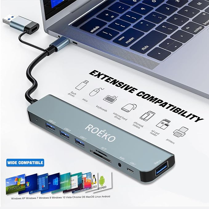 USB Hub,USB C hub multiport Adapter, USB Splitter with 1xUSB 3.0,4xUSB2.0,2 x USB C,USB c hub for MacBook Pro/PC/Laptop/Tablet Devices (Grey 8 in1)