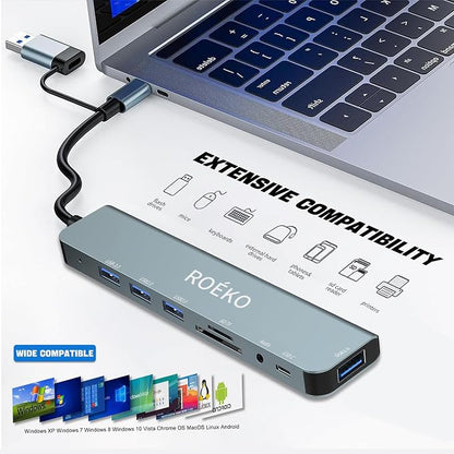 USB Hub,USB C hub multiport Adapter, USB Splitter with 1xUSB 3.0,4xUSB2.0,2 x USB C,USB c hub for MacBook Pro/PC/Laptop/Tablet Devices (Grey 8 in1)