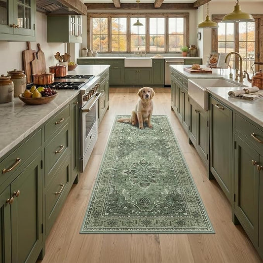 RELEANY Area Rugs Runner 3'x8' Washable Non-Slip, Floral Vintage Distress Medallion Carpet for Kitchen Hallway Bedroom Beside Laundry Room Bathroom, Dark Green Gray