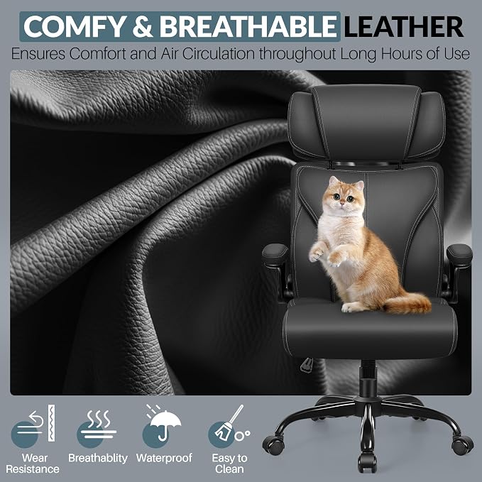 Office Chair, Ergonomic Big and Tall Computer Desk Chair with Retractable Adjustable Headrest, Executive Breathable Leather Chair, Lumbar Support Swivel Flip-up Armrests Rocking Function,Matte Black