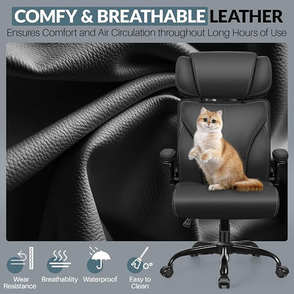 Office Chair, Ergonomic Big and Tall Computer Desk Chair with Retractable Adjustable Headrest, Executive Breathable Leather Chair, Lumbar Support Swivel Flip-up Armrests Rocking Function,Matte Black