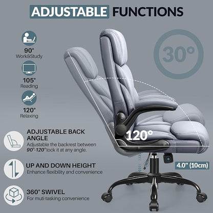 HeroSet Office Chair, Ergonomic Big and Tall Computer Desk Chairs, Executive Breathable Leather Chair with Adjustable Flip-up Armrests, Lumbar Support Swivel PC Chair with Rocking Function,Matte Gray