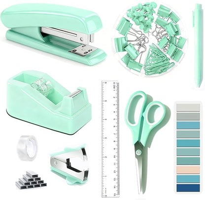 Dimonluce Green Office Supplies, Teal Desk Accessories Accessories with Tape Dispenser, Stapler, Staple Remover, 1000 Staples, Tape, Clips Set, Ruler, Scissor, Pen