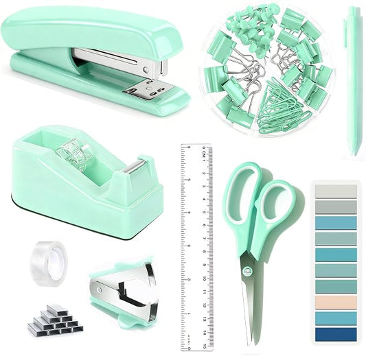 Dimonluce Green Office Supplies, Teal Desk Accessories Accessories with Tape Dispenser, Stapler, Staple Remover, 1000 Staples, Tape, Clips Set, Ruler, Scissor, Pen