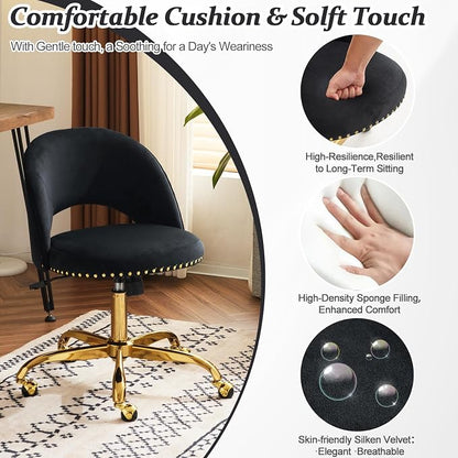 VINGLI Modern Velvet Small Office Chair,Cute Desk Chair with Wheels,Gold Base/Studs, Comfy Armless Swivel Vanity Task Chair for Women/Girl/Kids, Nail Tech Chair for Bedroom,Small Space,Black