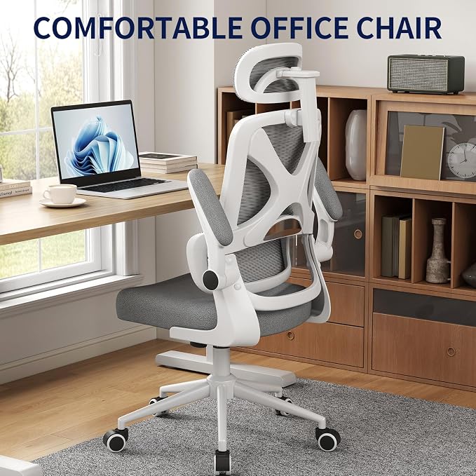 Ergonomic Office Chair - Desk Chair with Adjustable Headrest Lumbar Support Computer Chair - Mesh Comfy Chair with Flip-up Armrests - Gaming Chairs for Adults Home Office (White+Gray)