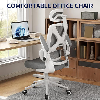 Ergonomic Office Chair - Desk Chair with Adjustable Headrest Lumbar Support Computer Chair - Mesh Comfy Chair with Flip-up Armrests - Gaming Chairs for Adults Home Office (White+Gray)