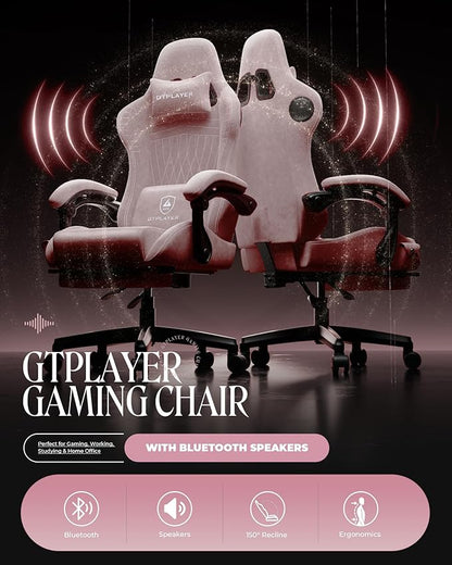 GTPLAYER Gaming Chair with Speakers, Video Game Chairs with Footrest, PC Gamer Chairs for Adults - Padded High Back Ergonomic Reclining Silla Gamer, Linkage Armrest, ACE Pro, Pink (Velvet)