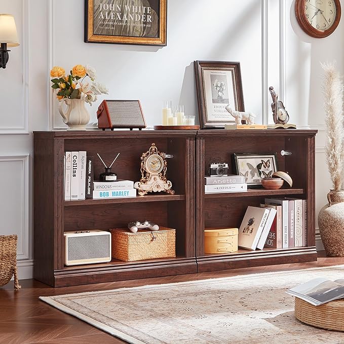 RWYHG 30" Walnut Bookshelf Set of 2,2-Tier Thick Wood Book Shelf with Adjustable Shelve,Free Standing Farmhouse Bookcase with Open Display Storage,Floor Vintage Bookshelves for Living Room,Office
