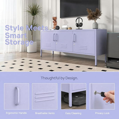 Purple TV Media Stand for 100" TV, 3 Door Metal Accent Cabinet with Removable Shelves, Steel Storage Locker for Living Room Bedroom, Lockable Door, 22" H X 47.3" W X 13.8" D