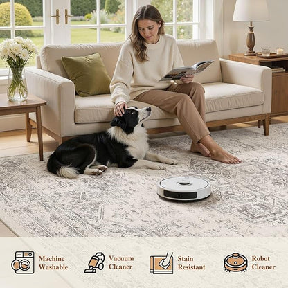 UERMEI 8x10 Area Rug Living Room Rugs - Washable Vintage Soft Large Rug Indoor Floor No Slip Rug Carpet for Bedroom Farmhouse Under Dining Table Home Office Decor - Beige/Camel