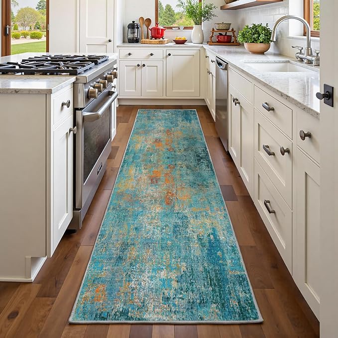 RELEANY Washable Area Rugs 2'x6' Non-Slip Modern Abstract Soft for Living Room Entryway Bedroom Kitchen, Print Pattern, Teal Blue Green Orange Rust Red Coloreful
