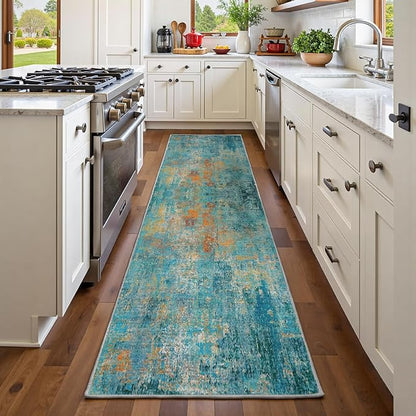 RELEANY Washable Area Rugs 2'x6' Non-Slip Modern Abstract Soft for Living Room Entryway Bedroom Kitchen, Print Pattern, Teal Blue Green Orange Rust Red Coloreful