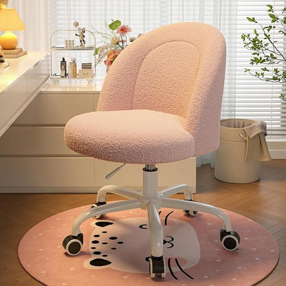 DurayLoly Vanity Chair with Wheels, Cute Desk Chair with Back, Armless Chair with Height Adjustable & 360° Swivel, Soft Lumbar Support for Small Space, Bedroom, Gentle Pink