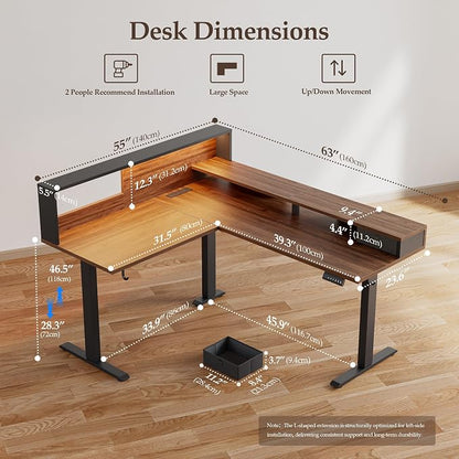 Klicelor L Shaped Electric Standing Desk 63 x 55 inch with Shelf, Height Adjustable Corner Desk, Sit Stand Desk with Storage Shelf, Home Office Computer Table, Light Dark Walnut
