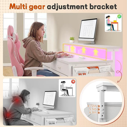 DurayLoly 32" Computer Desk with 2Drawers and Side Pocket for Teenagers,Office Desk with Monitor Stand and LED Lights, Study Writing Table with Anti-Tip Design for Small Spaces,Glacier White