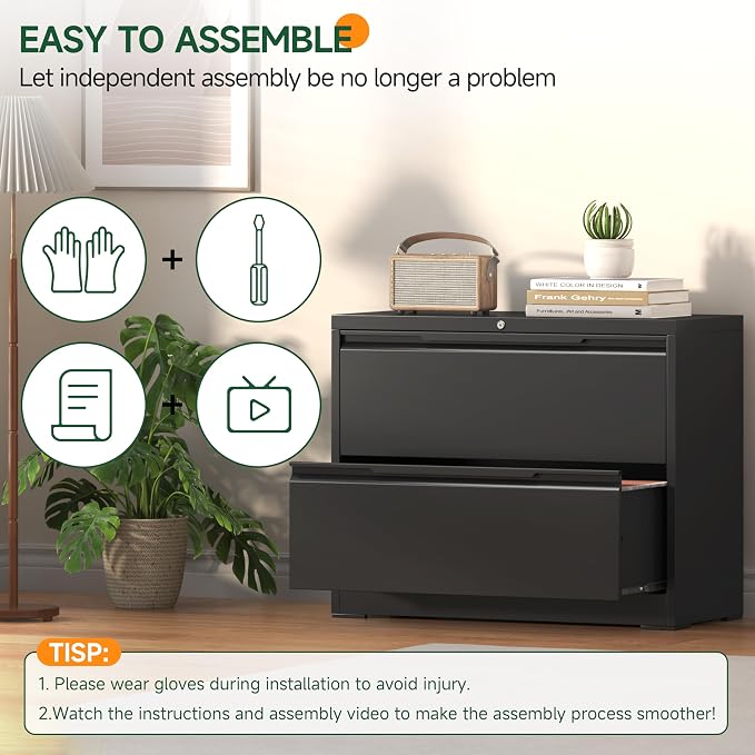 Lateral File Cabinet 2 Drawer, Metal File Cabinet with Lock | Filing Cabinets for Home Office, Black Locking Deep Drawer for Hanging Files Letter/Legal/A4/F4 Size, Assembly Required