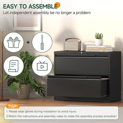 Lateral File Cabinet 2 Drawer, Metal File Cabinet with Lock | Filing Cabinets for Home Office, Black Locking Deep Drawer for Hanging Files Letter/Legal/A4/F4 Size, Assembly Required