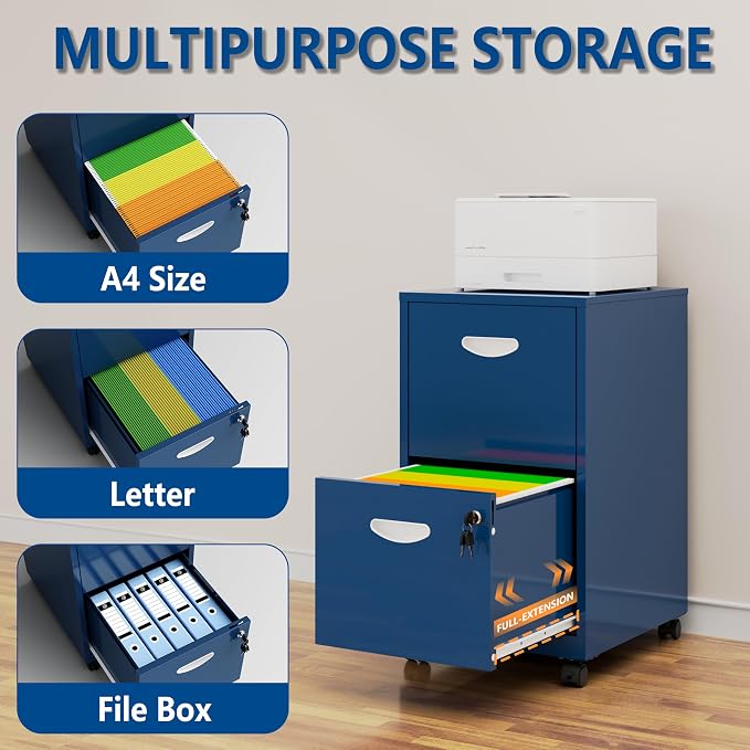 Polup 2 Drawer File Cabinet with Lock, Small Rolling Filing Cabinet for Home Office, Metal Mobile File Cabinets on Wheels, Blue Office Cabinets for Letter Size Folders - Assembly Required