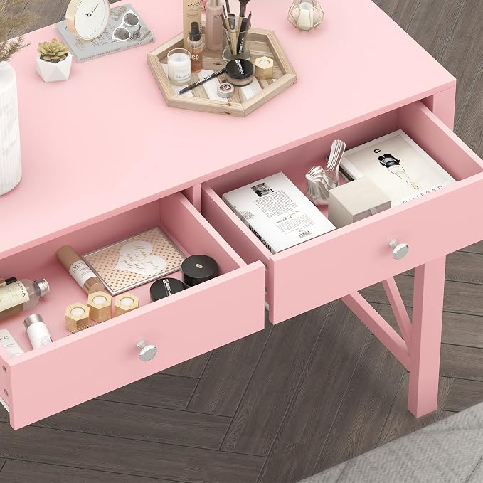 WiberWi Home Office Desk with Drawers, Modern Writing Computer Desk for Bedroom, Small Makeup Vanity Table Study Table for Home Office,Pink