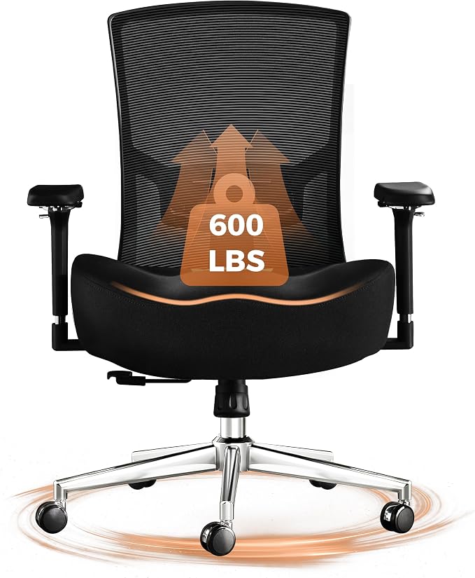 600lbs Big and Tall Office Chair with Wider W-Shaped Thick Seat Cushion, Ergonomic Computer Mesh Desk Chairs for Heavy People, Computer Chair, with Adjustable Lumbar Support, 4D Armrests