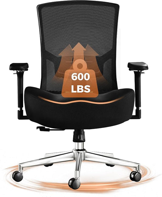 600lbs Big and Tall Office Chair with Wider W-Shaped Thick Seat Cushion, Ergonomic Computer Mesh Desk Chairs for Heavy People, Computer Chair, with Adjustable Lumbar Support, 4D Armrests