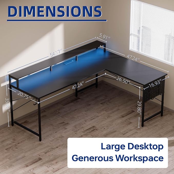 Pamray 64 Inch L Shaped Gaming Desk with Power Outlets and Led Lights, Large Corner Computer Desk with Monitor Stand and Pegboard, PC Table for Home Office and Bedroom Grey