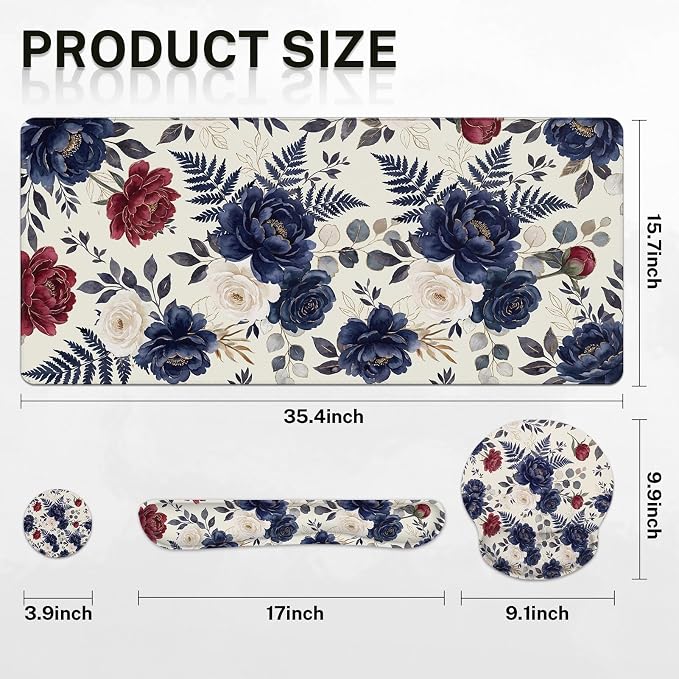Britimes Navy Blue Florals Keyboard Mouse Pad Set Red Peony Florals Boho 4in1 Large Mousepad+Keyboard Wrist Rest+Mouse Wrist Rest+Coaster Ergonomic Design for Home Office Computer 35.4x15.7 inches