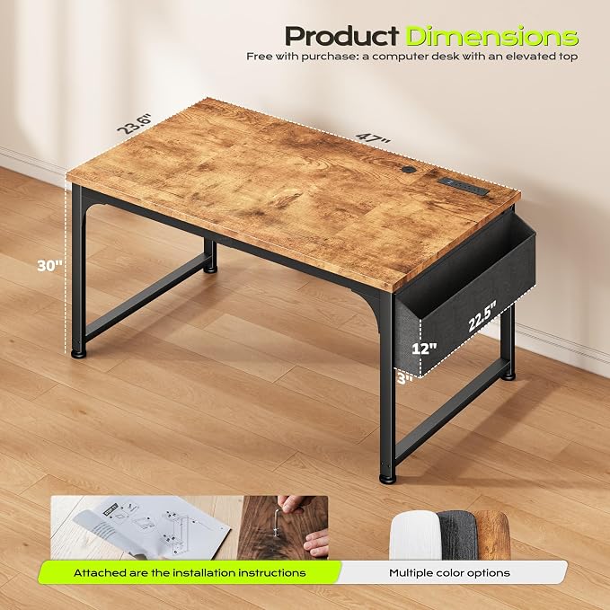 DurayLoly 47 x 24 inch Desk, 24mm Thick Heavy Duty Computer Desk with RGB LED & Power Outlets, Detachable Stand, Hooks & Storage Bag, 110LBS Capacity, Home Office Gaming Desk, Brown
