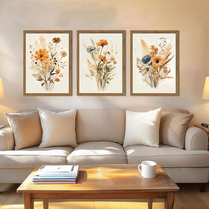 Vintage Wildflower Framed Canvas Wall Art Set of 3 – Rustic Botanical Floral Pictures Prints for Living Room Bedroom Bathroom, Retro Boho Wall Decor for Home Aesthetic 16x24 inch