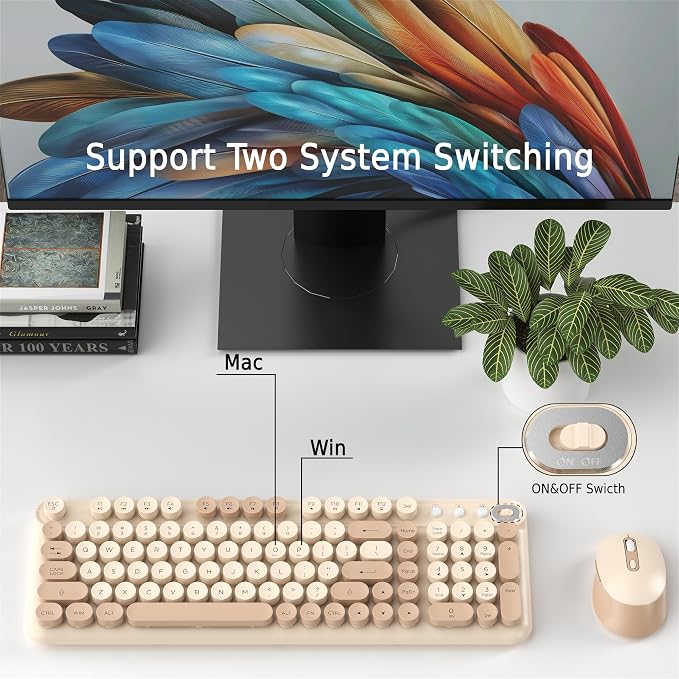 Wireless Keyboard and Mouse Combo, 2.4GHz USB Receiver, Plug and Play, Retro Full Size Typewriter Keyboard and Wireless Mouse for Computer, Laptop, Windows, Mac, and PC (Milk Tea)