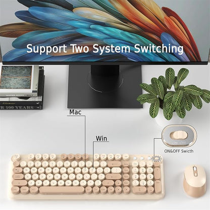 Wireless Keyboard and Mouse Combo, 2.4GHz USB Receiver, Plug and Play, Retro Full Size Typewriter Keyboard and Wireless Mouse for Computer, Laptop, Windows, Mac, and PC (Milk Tea)