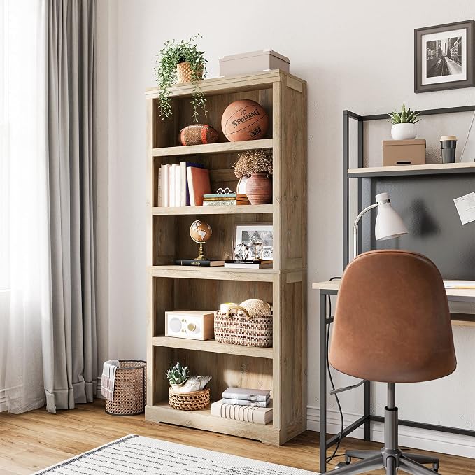 LINSY HOME 5-Shelf Bookcase, Bookshelves Floor Standing Storage Shelves 68 in Tall Bookcase Home Decor Furniture for Home Office, Living Room, Bed Room - Light Brown