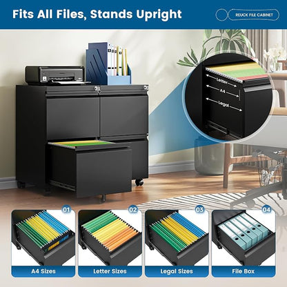 PEUKC 2 Drawers Mobile File Cabinet with Lock, Under Desk Rolling File Cabinet for Home Office, Organizes Letter Legal A4 Files, Black(Pre-Assembled)