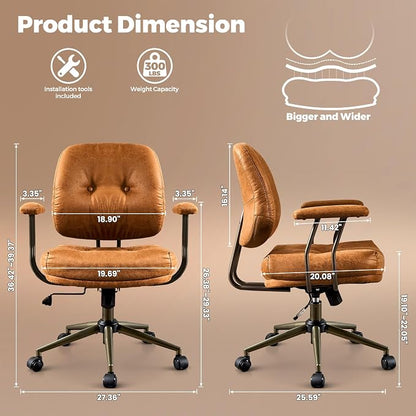 ovios Ergonomic Office Chair, Mid Back Faux Leather Executive Chairs with Thick Cushion, Comfy Mid-Century Modern Swivel Rolling Computer Armchair (Brown, Suede Leather)