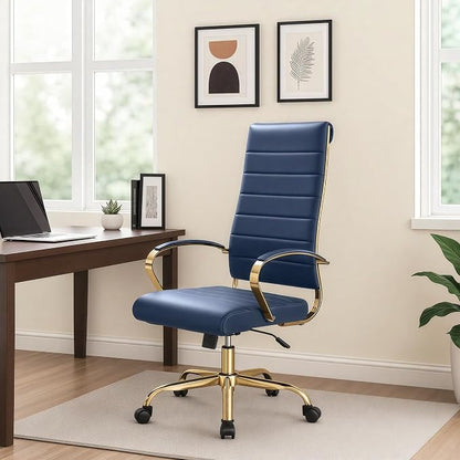 LeisureMod Modern High-Back Leather Office Chair - Swivel & Adjustable Executive Desk Chair with Gold Frame, Ergonomic Design for Home & Office (Navy Blue, Pallet (x30))