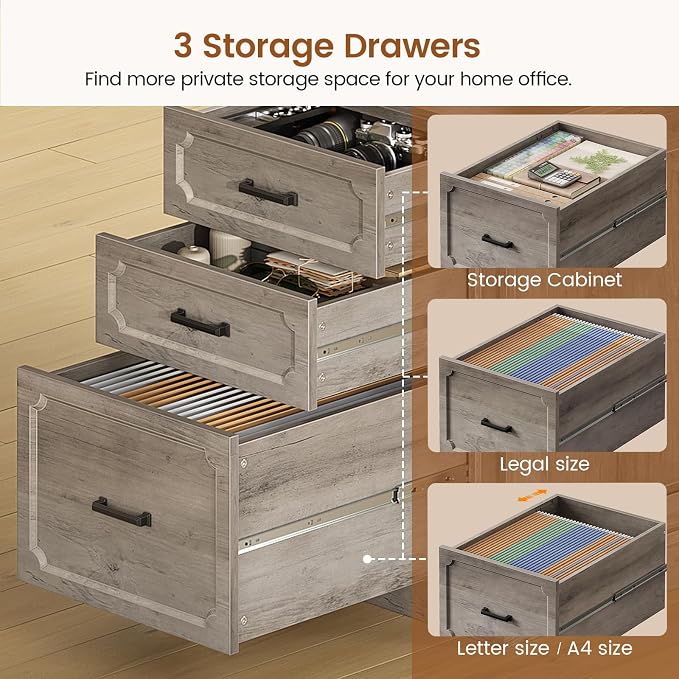 SEDETA Farmhouse L Shaped Desk with Drawers, 70.9" Home Office Desk with Storage Cabinet and Storage Shelves, L Shaped Computer Desk with Power Outlet，Gray