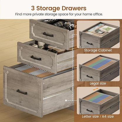 SEDETA Farmhouse L Shaped Desk with Drawers, 70.9" Home Office Desk with Storage Cabinet and Storage Shelves, L Shaped Computer Desk with Power Outlet，Gray