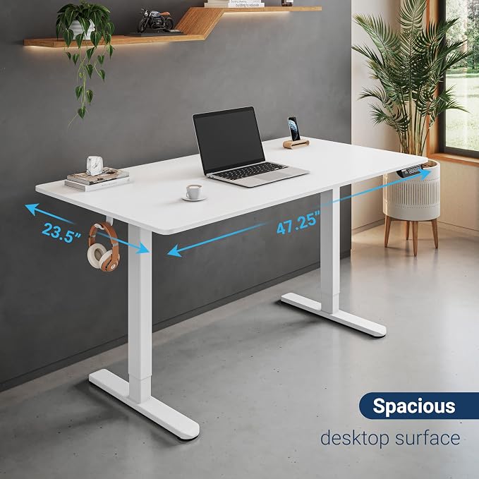Techni Mobili 48” W Electric Standing Desk, Height Adjustable Sit-to-Stand Desk with 3 Memory Presets and Dual Accessory Hooks, Computer Workstation for Home or Office (White)