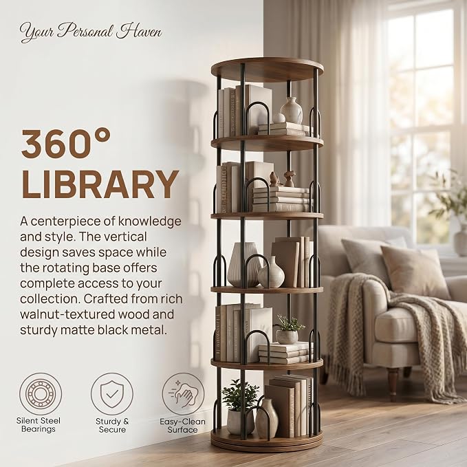 5 Tier Rotating Bookshelf, Corner Wooden, Metal Skinny Bookshelf for Toy Lego Dispaly Book Shelf Room Storage Organizer Furniture Black Tall Bookcase for Bedroom Living Room Office Kitchen Shelf