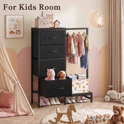 HIGDBFE Dresser with Hanging Rack, 4 Drawers Small Closet for Bedroom, Reversible Fabric Kids Chest of Drawers with Clothes Rack, Tall Storage Tower, Sturdy Frame, Black, 44''H
