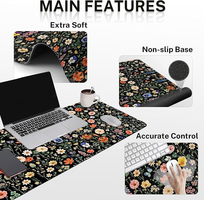 Britimes Black Florals Keyboard Mouse Pad Set Colorful Wildflowers 4in1 Large Mousepad+Keyboard Wrist Rest+Mouse Wrist Rest+Coaster Ergonomic Design for Home Office Computer 35.4x15.7 inches